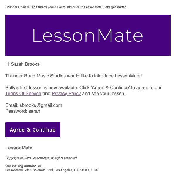 LessonMate Welcome Email Example